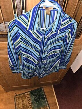 Notations Striped Button-Down Shirt in Blue, Aqua and Navy